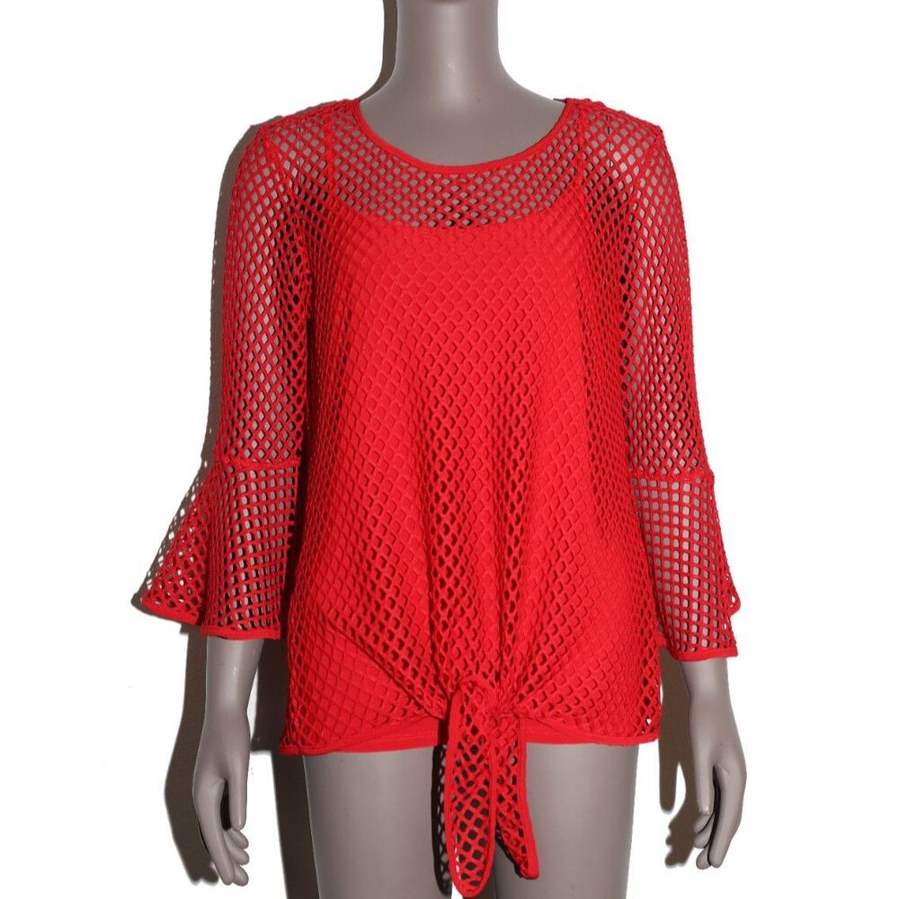 Vintage Coastal Red Fishnet Sheer Mesh Blouse Top Womens Size 10‎